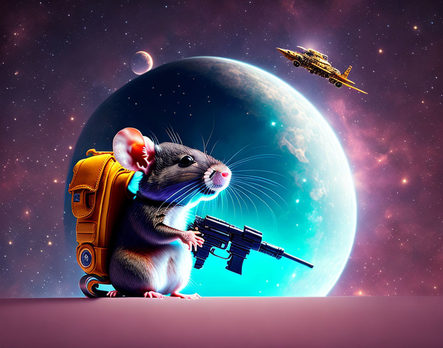 Animated mouse in spacesuit with gun, planet, spaceship, starry space.