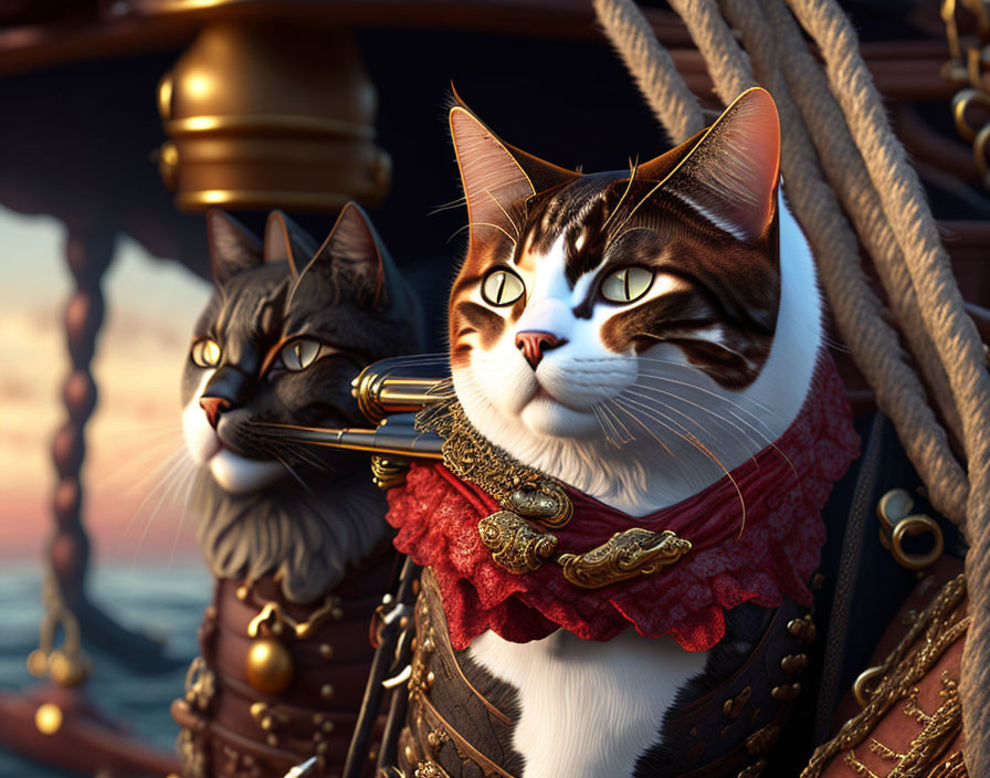 Detailed animated pirate cats on ship deck at sunset