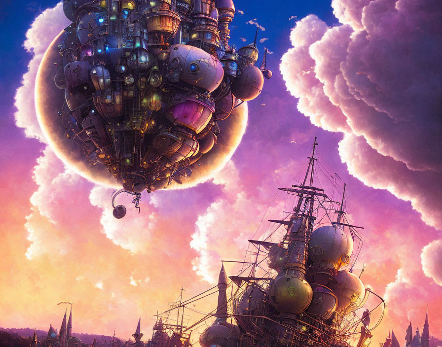 Fantastical floating city with diverse architecture in vibrant sunset sky