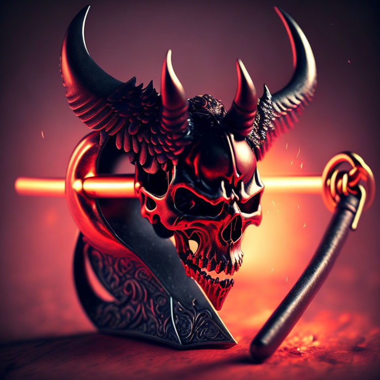 Stylized skull with horns and sword on red backdrop