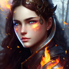 Fantasy portrait of woman with glowing ember eyes and golden crown in fiery armor