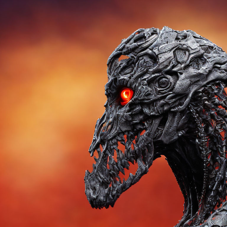 Detailed Dragon Head Sculpture with Glowing Red Eye on Fiery Background