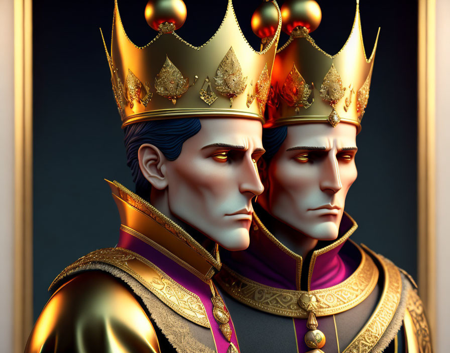Regal royal figures in gold crowns and regal attire on dark background