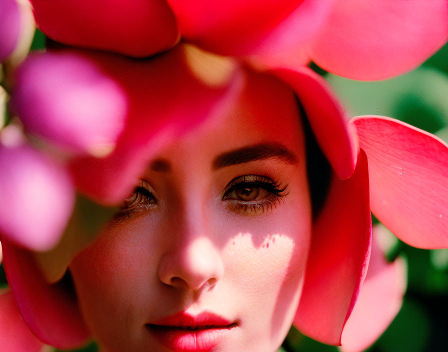 Woman's face framed by pink flower petals, eyes and leaf shadow in focus