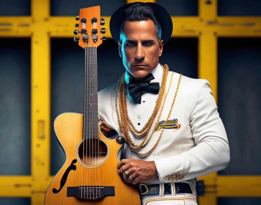 Mannequin in white suit and black bow tie with guitar on yellow backdrop