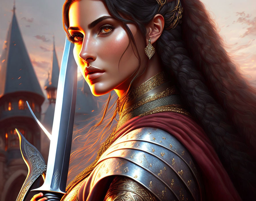 Warrior woman digital artwork with braided hair, sword, armor, and castle backdrop at dusk.