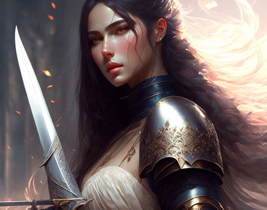 Warrior woman with long dark hair, sword, ornate armor in fiery setting