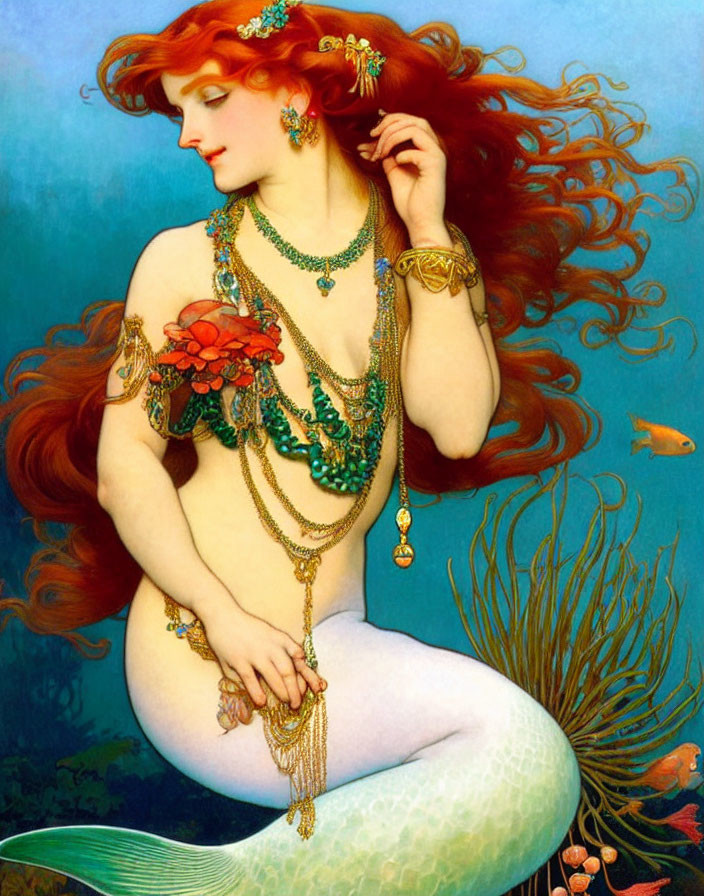 Vibrant Red-Haired Mermaid Painting with Jewels, Coral, and Fish