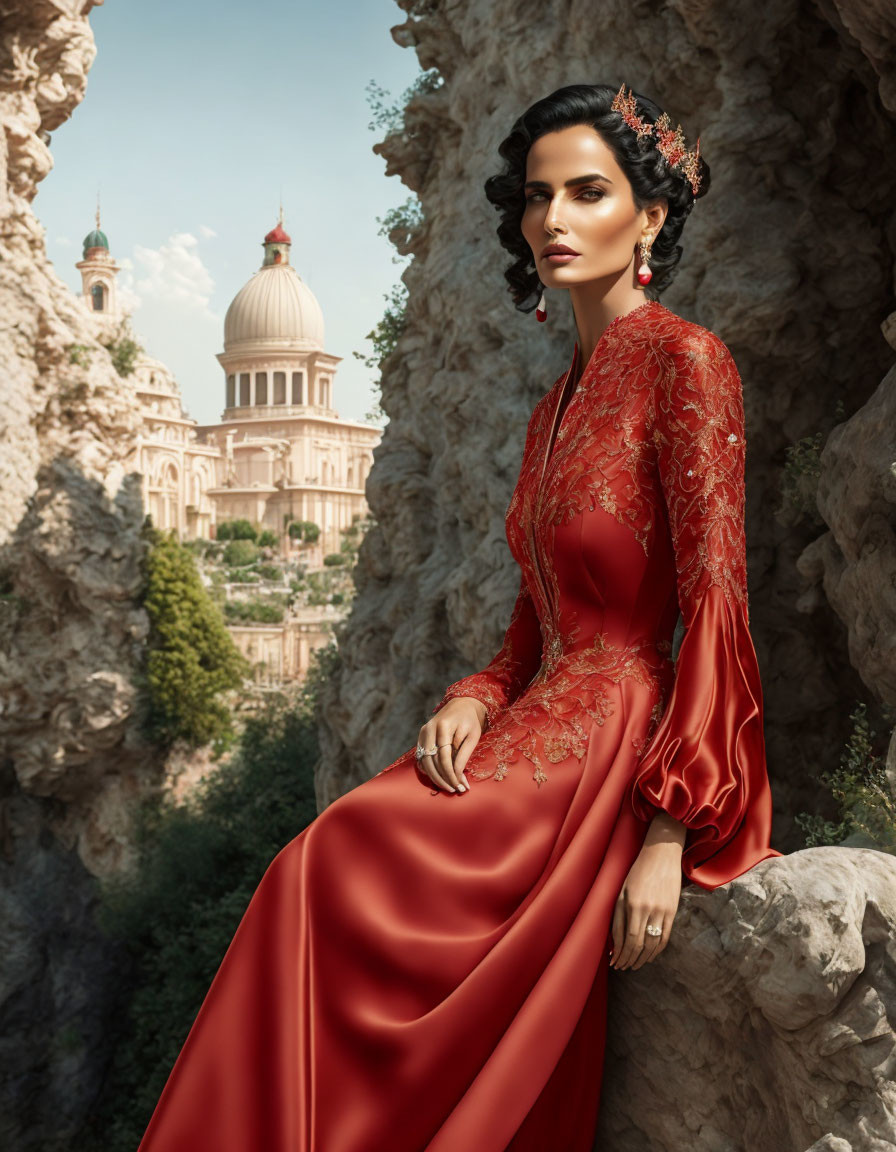 Woman in Red Lace Dress Poses on Rocky Outcrop with Historical Building