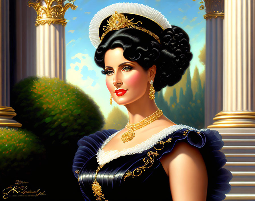 Illustrated portrait of noble woman with dark hair in updo, wearing gold jewelry and blue dress with