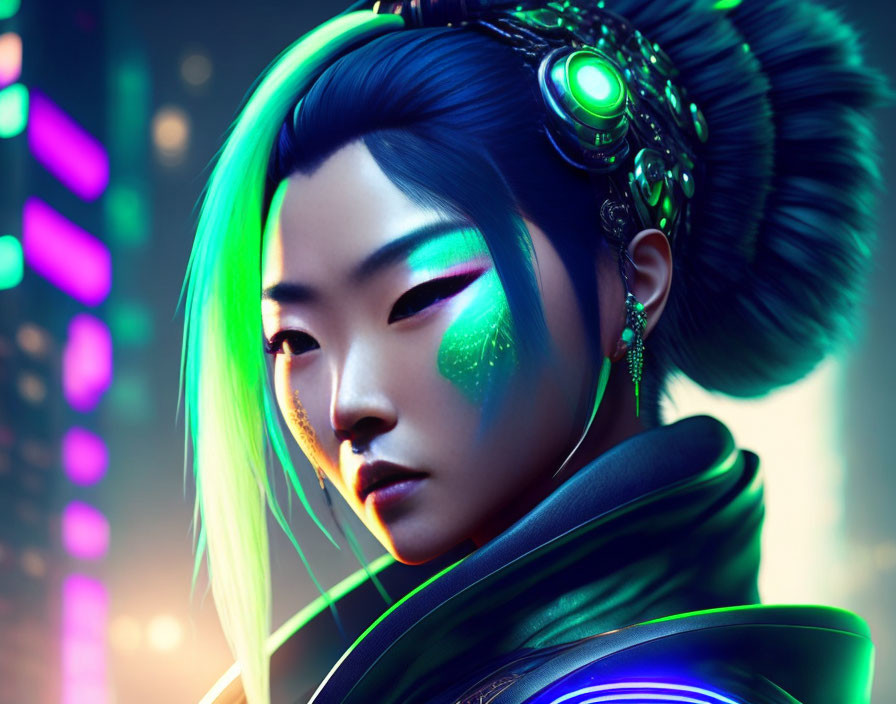 Digital artwork: Woman with blue hair and neon green highlights, futuristic headphones, illuminated makeup, blurred city