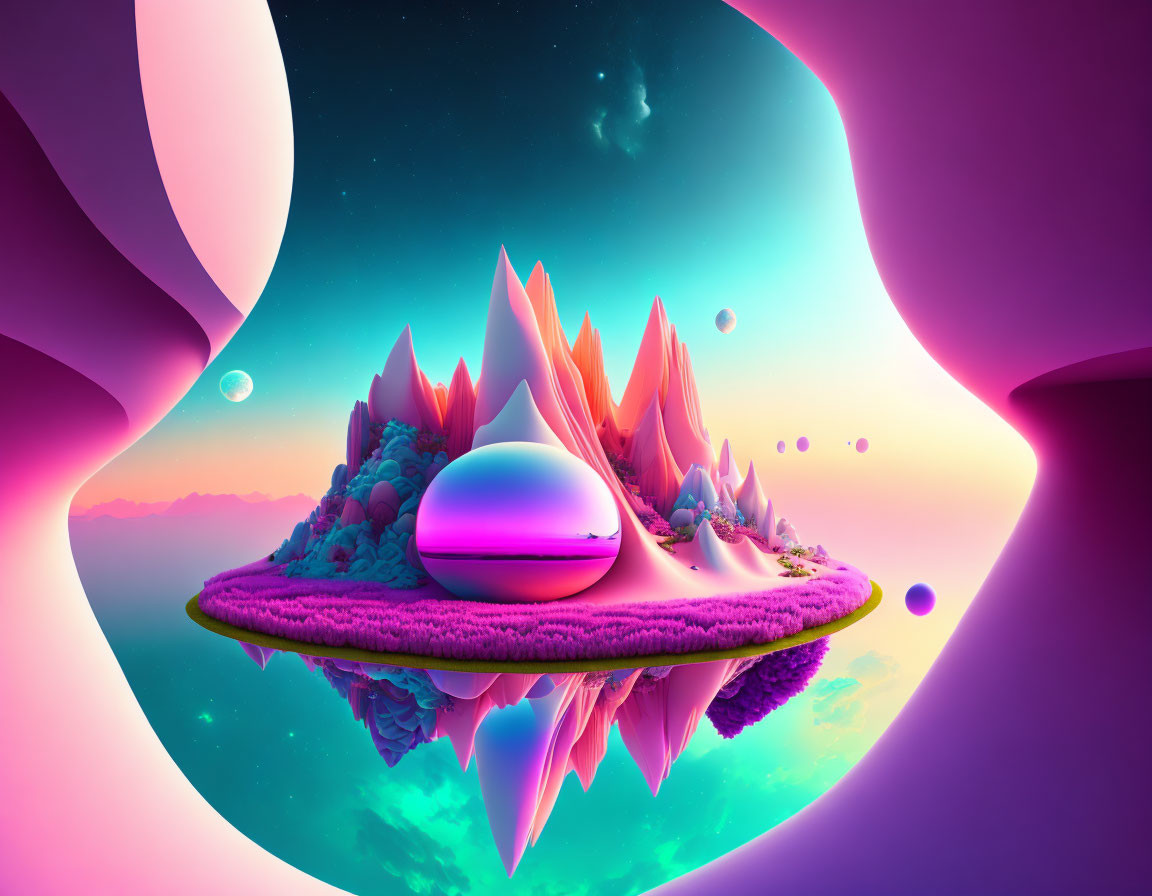 Colorful Abstract Landscape: Floating Islands, Pink and Purple Hues, Crystal Formations