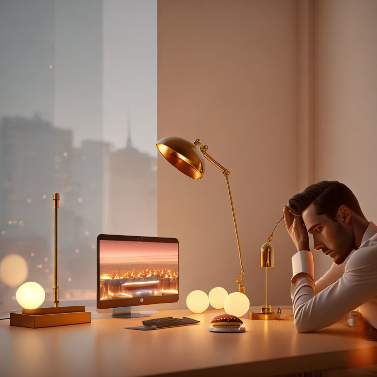 Man at desk with computer under lamp, cityscape view at dusk