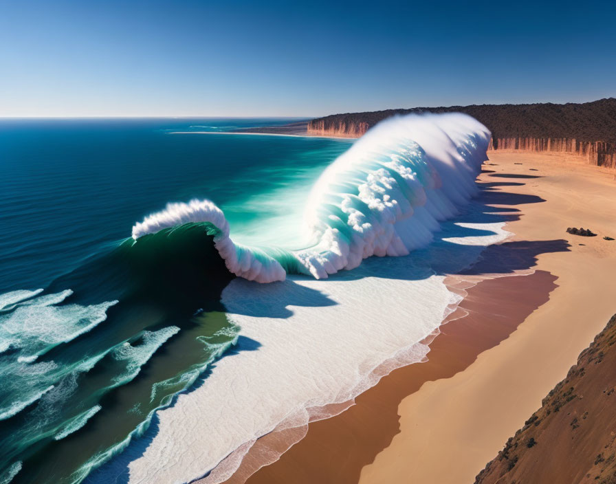 Giant frothy wave approaching sandy beach with red cliffs