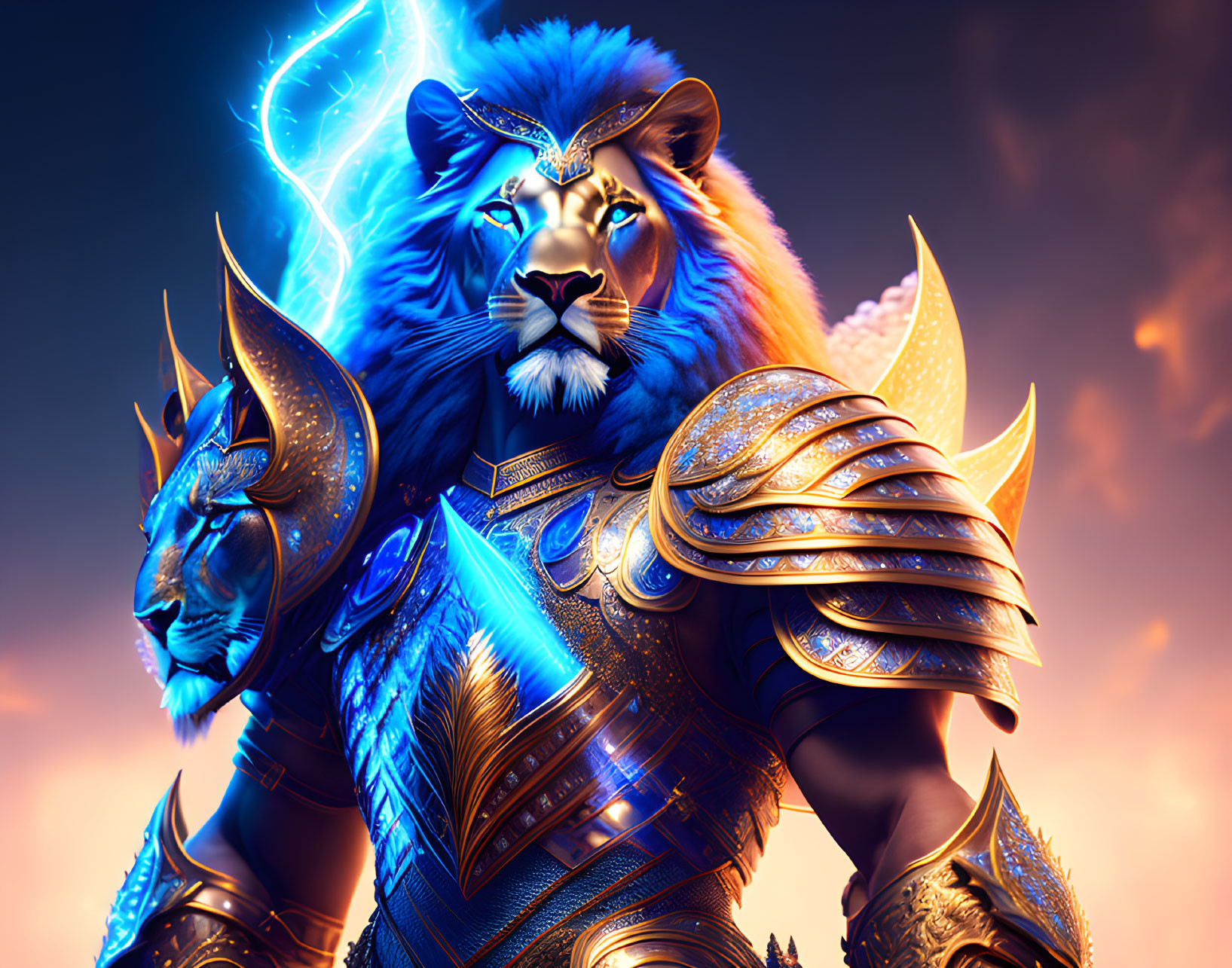 Majestic lion warrior in ornate armor with blue energy on sunset backdrop