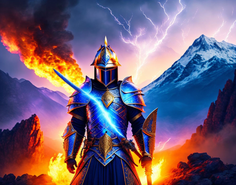 Knight in Blue Armor Faces Volcano and Lightning