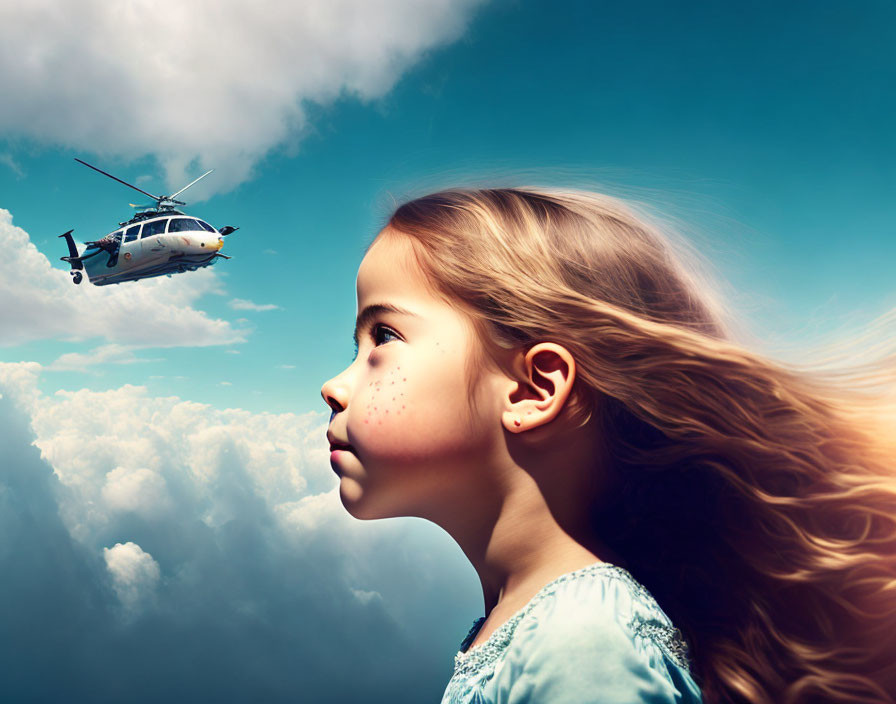 Young girl with flowing hair gazes at helicopter in cloudy sky
