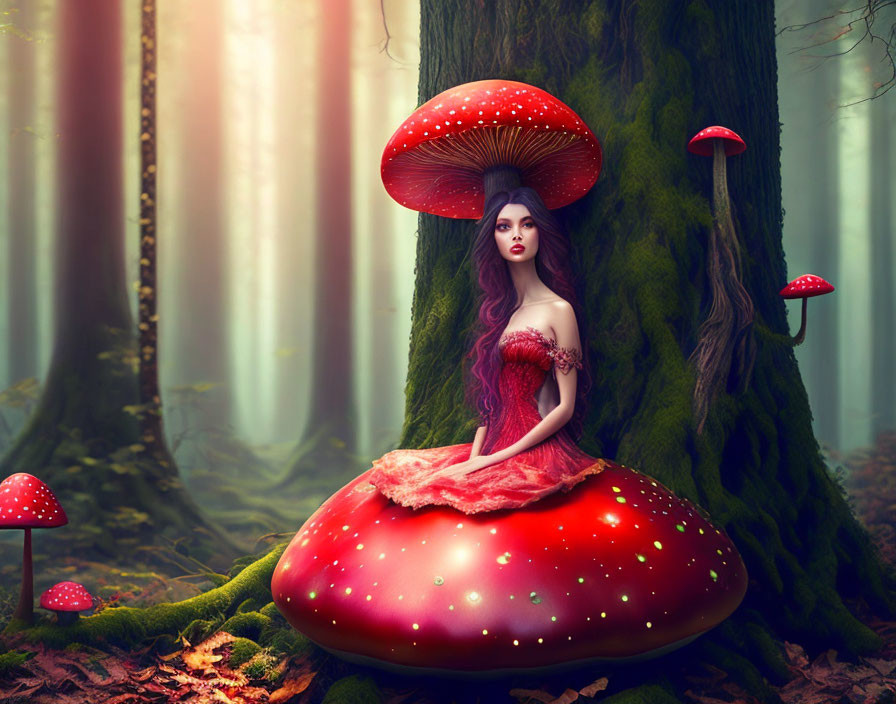 Woman in Red Fly Agaric Mushroom Dress in Enchanted Forest