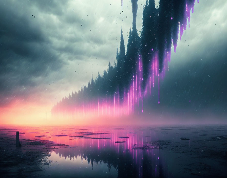 Surreal landscape: Purple aurora lights, stormy skies, tranquil water, forest silhouette at