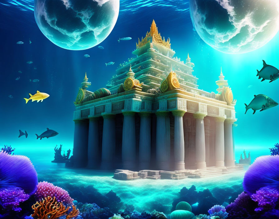 Golden Temple in Colorful Underwater Scene with Two Moons