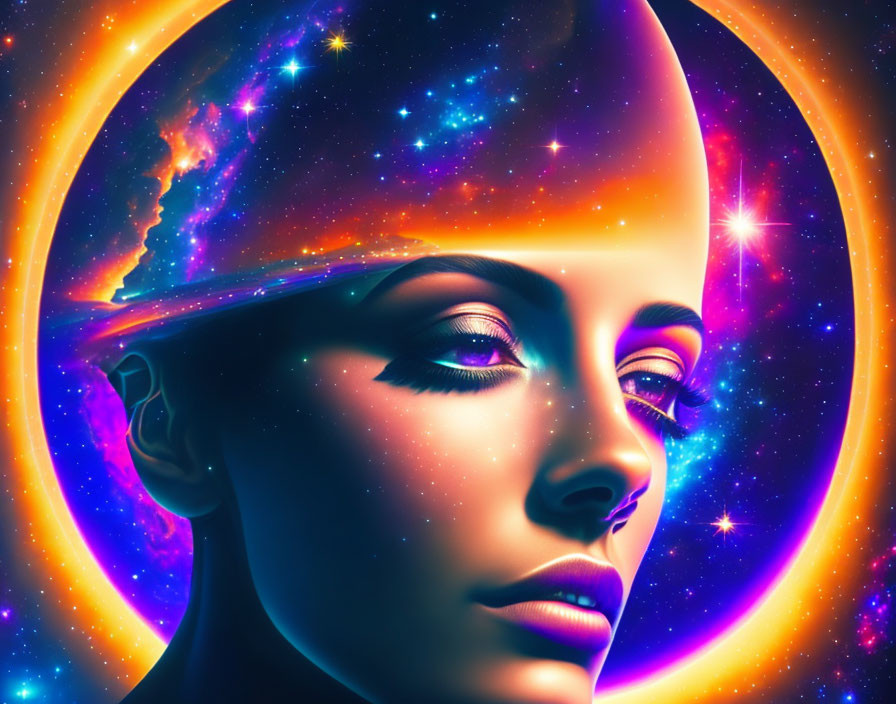 Cosmic-themed digital artwork of woman's profile with stars and galaxies