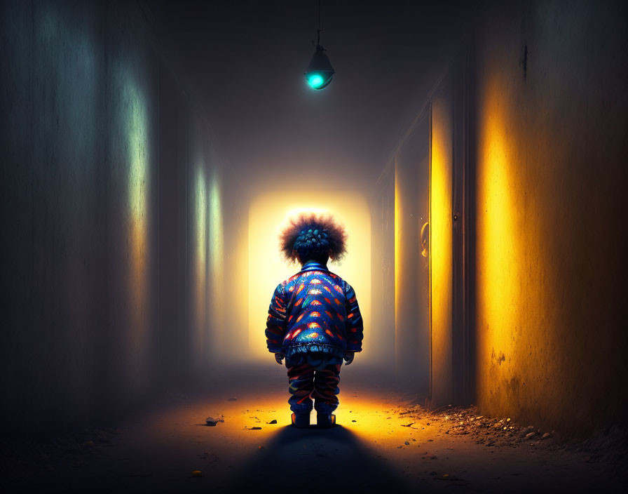 Child with voluminous hair silhouette in dim hallway with bright light and glowing doors.