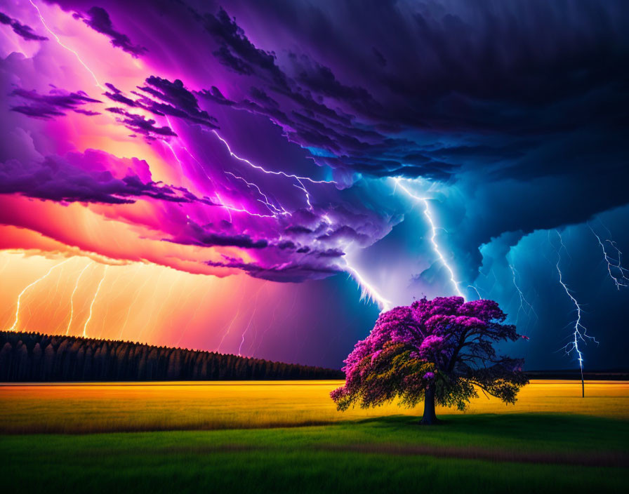 Lone tree under dramatic purple and blue lightning in golden field
