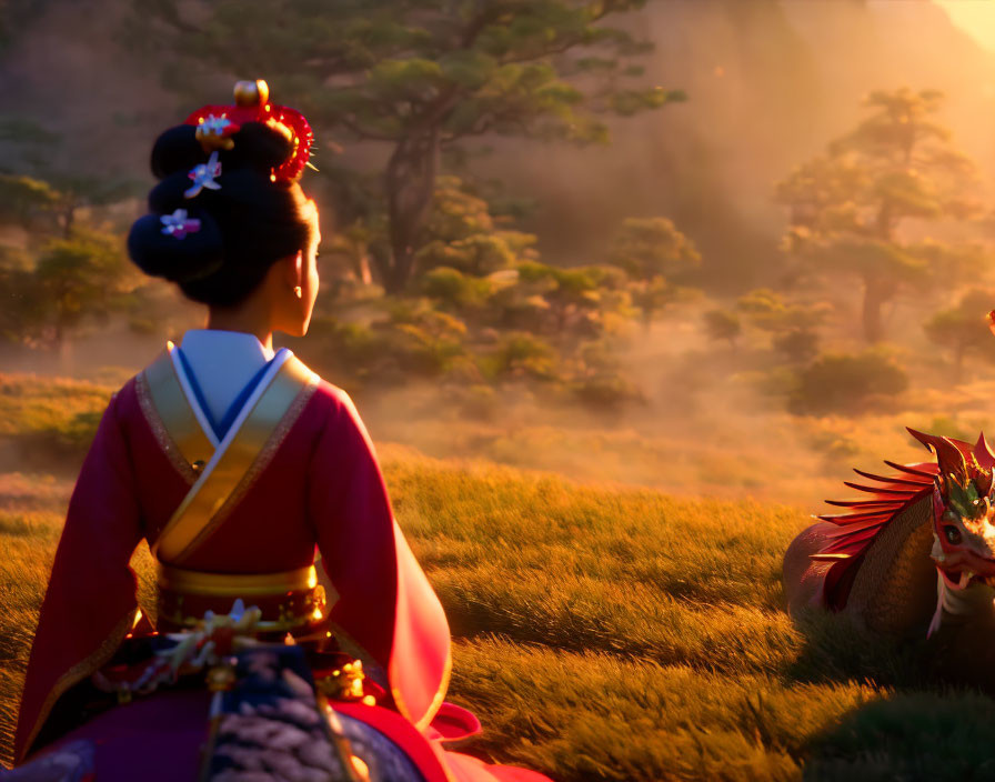 Girl in traditional attire with small dragon in sunlit meadow surrounded by mystical haze and trees.