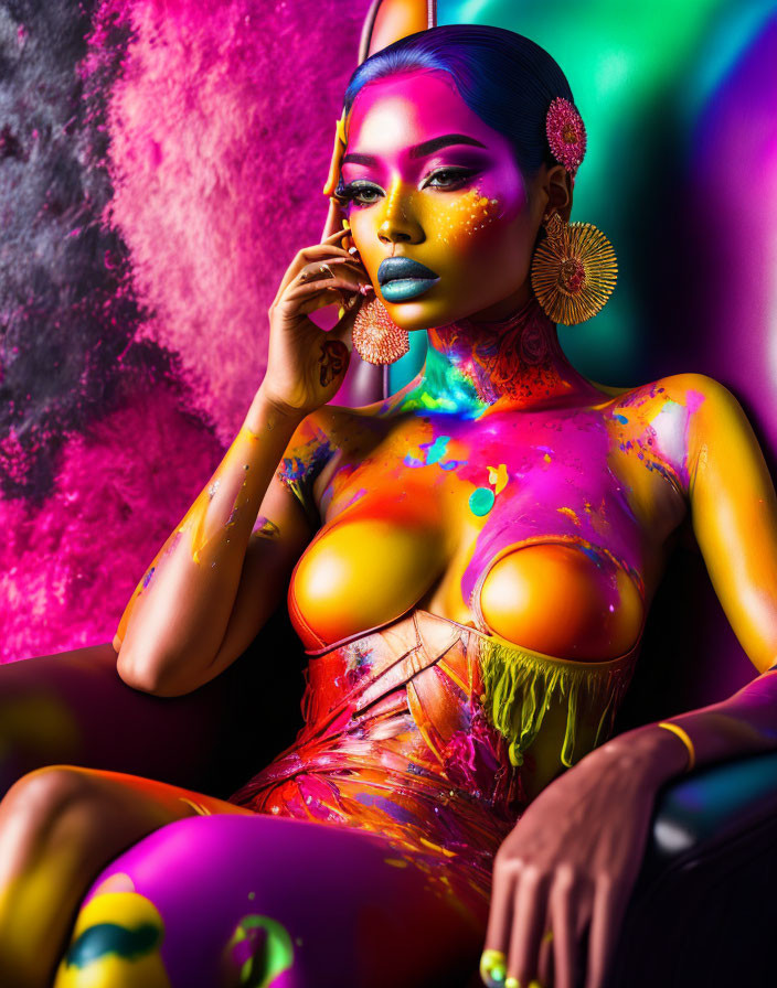 Colorful Body Paint Woman Poses in Artistic Setting