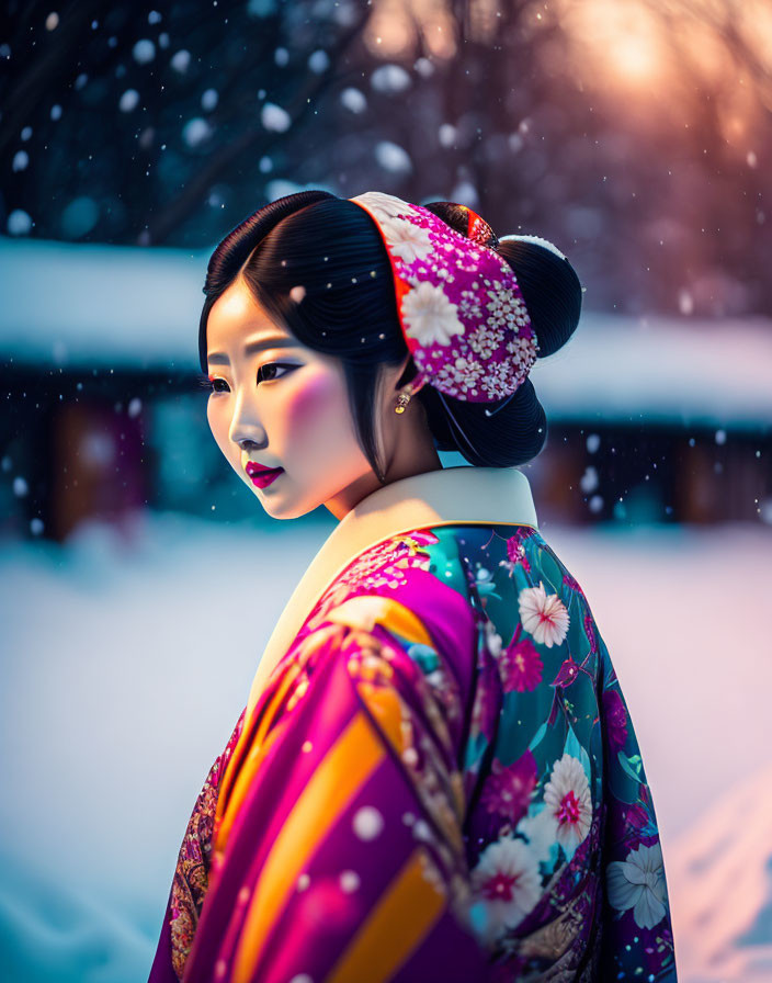 Woman in Vibrant Kimono with Floral Hair Accessory in Snowy Setting