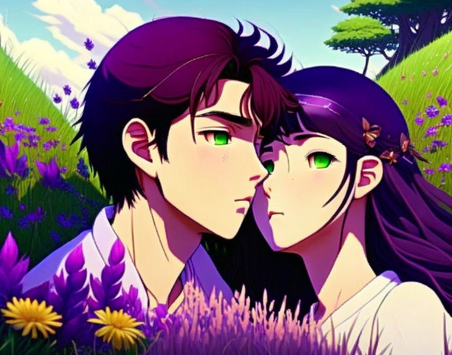 Anime-style characters with green eyes and purple accents in nature scene.