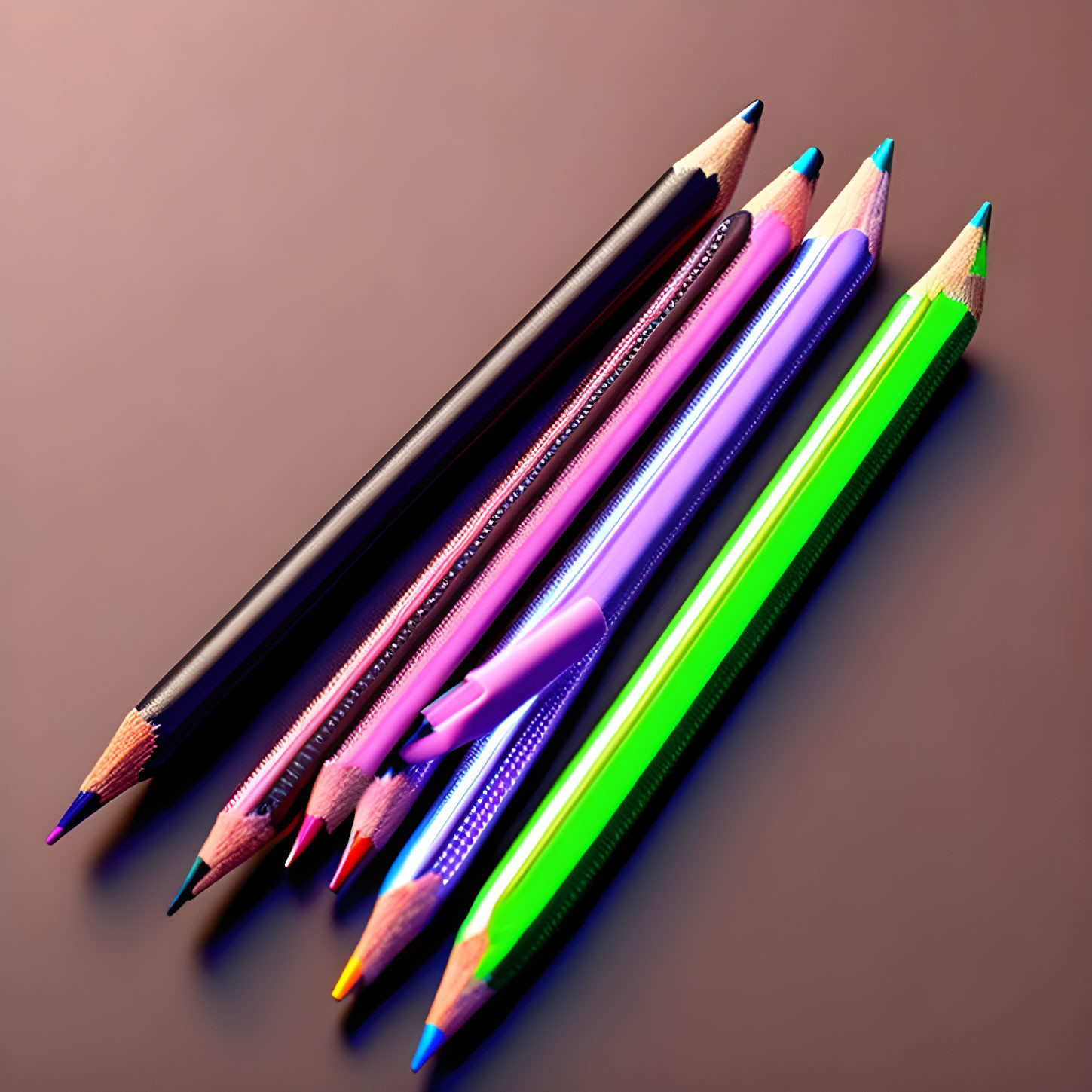 Vibrant neon effect on six colorful pencils against dark gradient background