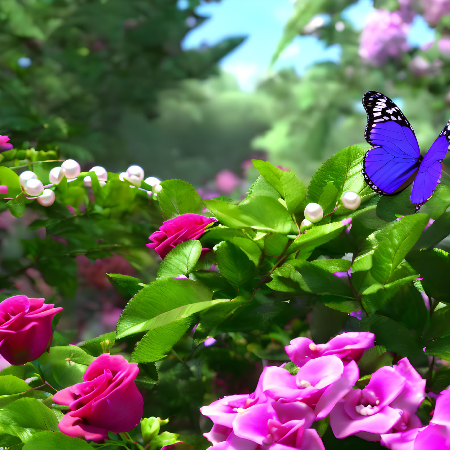 Butterfly, Garden, rose flowers, pearls