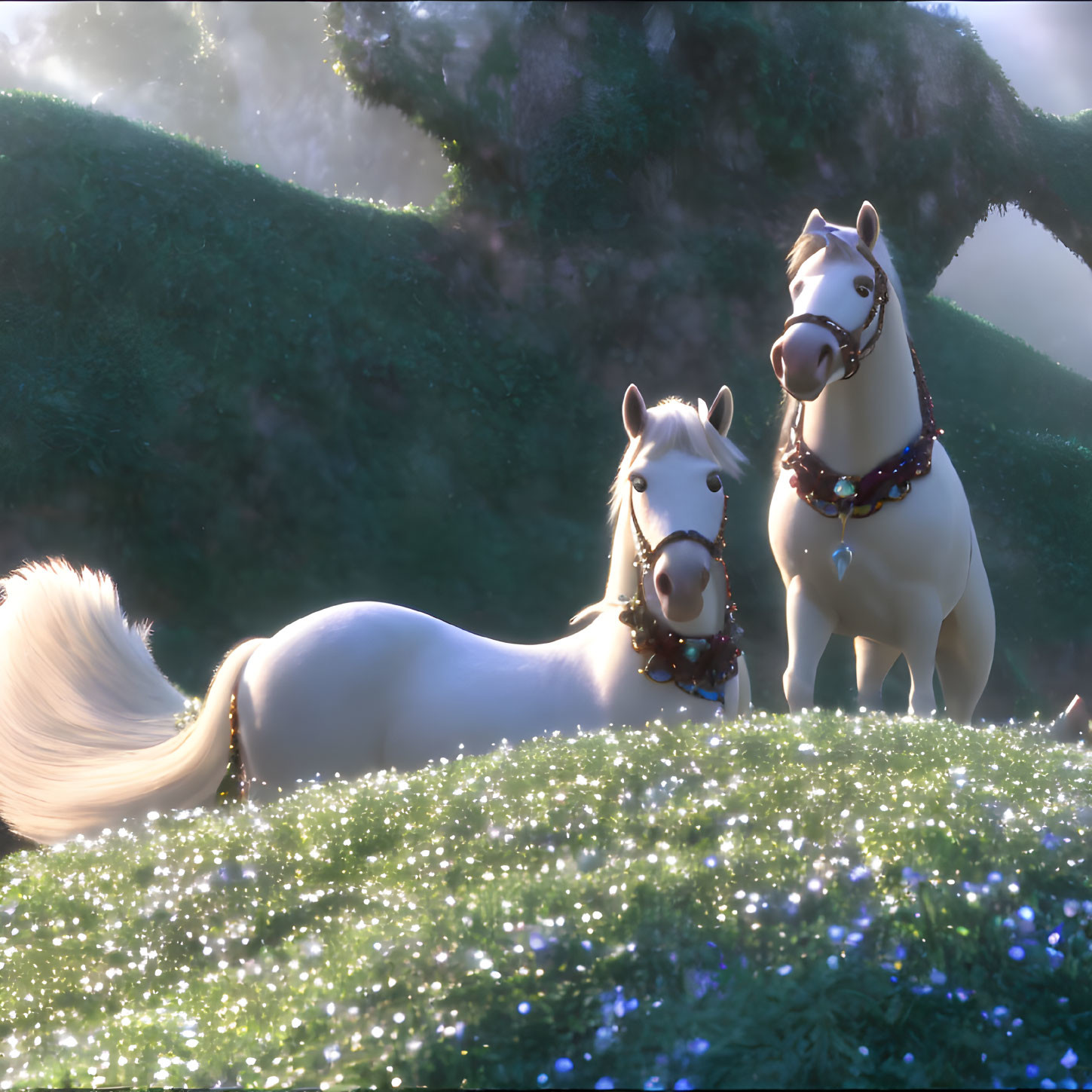 Two animated horses with decorative bridles in serene sunlit meadow