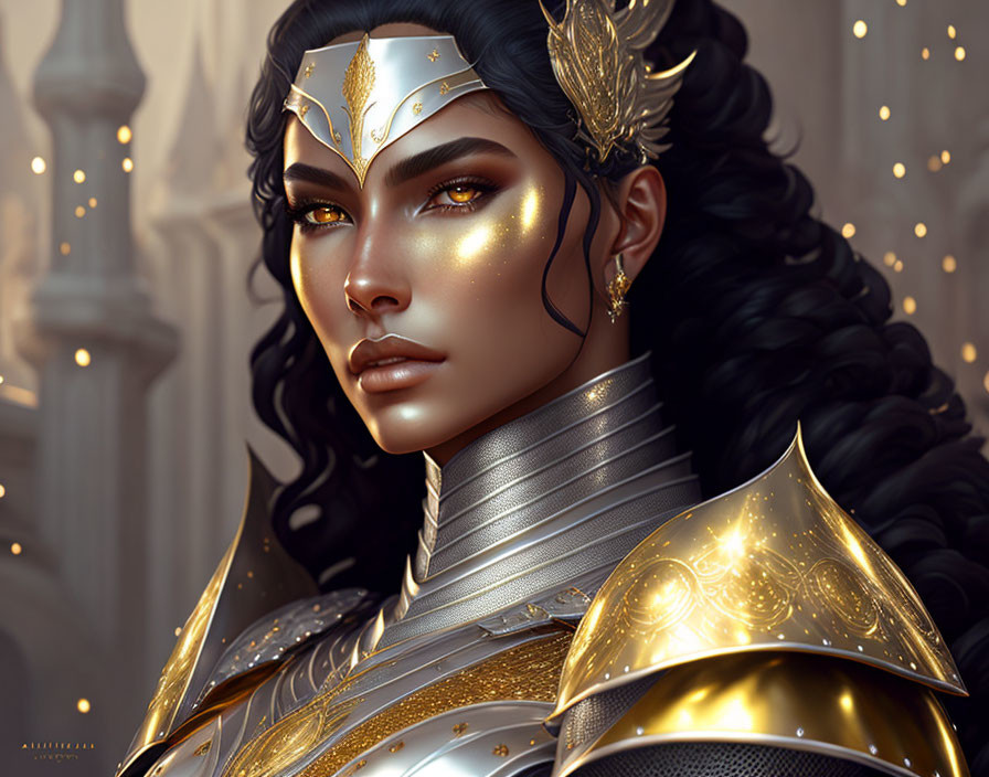 Regal character in golden crown and armor with intricate designs and intense gaze.