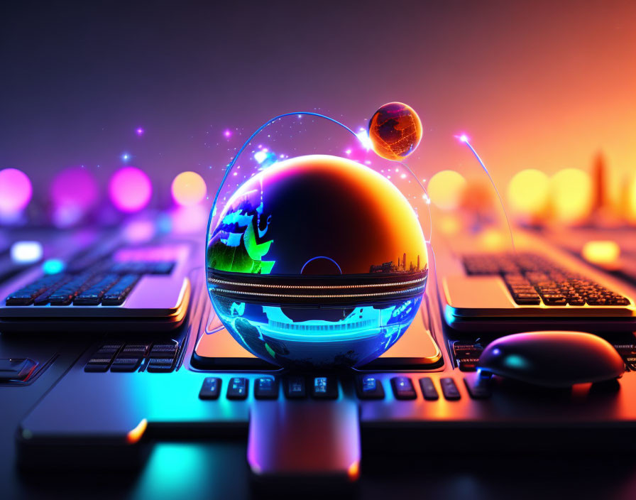 Colorful digital artwork: glossy sphere, cityscape, nature elements, keyboard with neon backlighting.
