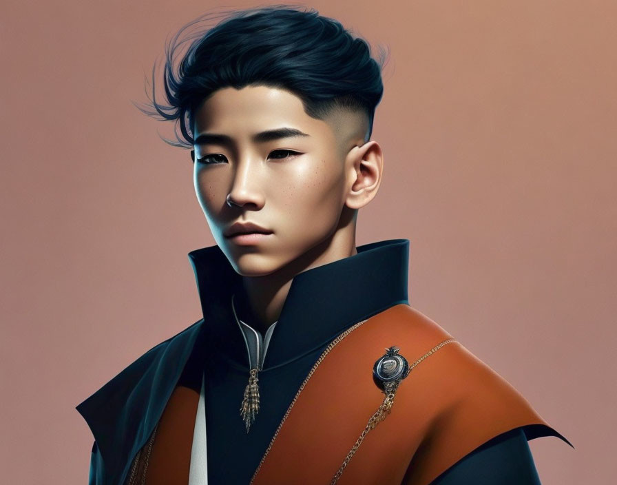 Young man with styled black hair in futuristic orange and black jacket.