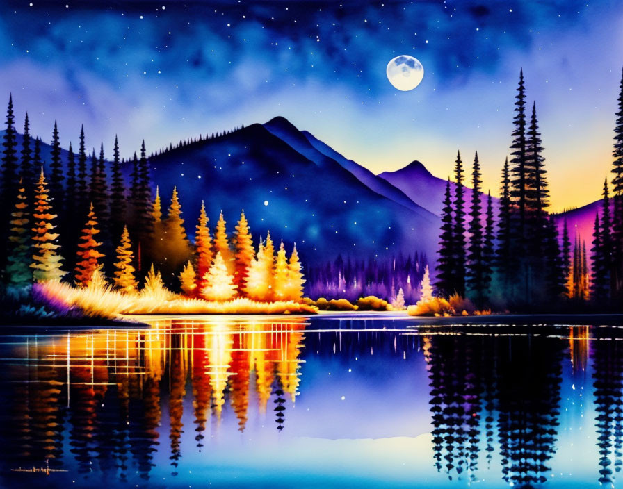 Moonlit Night Painting: Reflective Lake, Colorful Trees, Mountain, Starry Sky