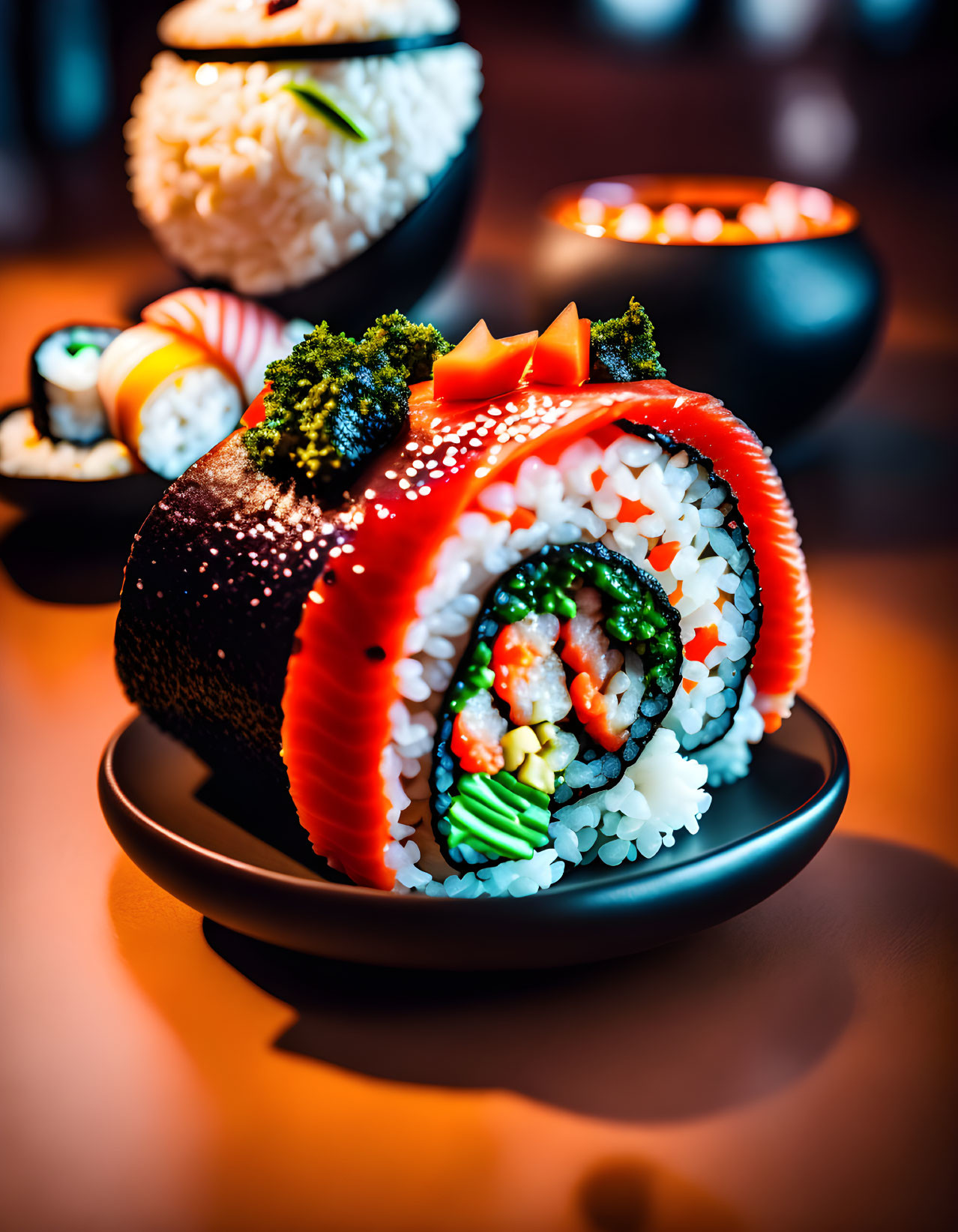 Colorful Sushi Roll with Fish, Vegetables, and Rice