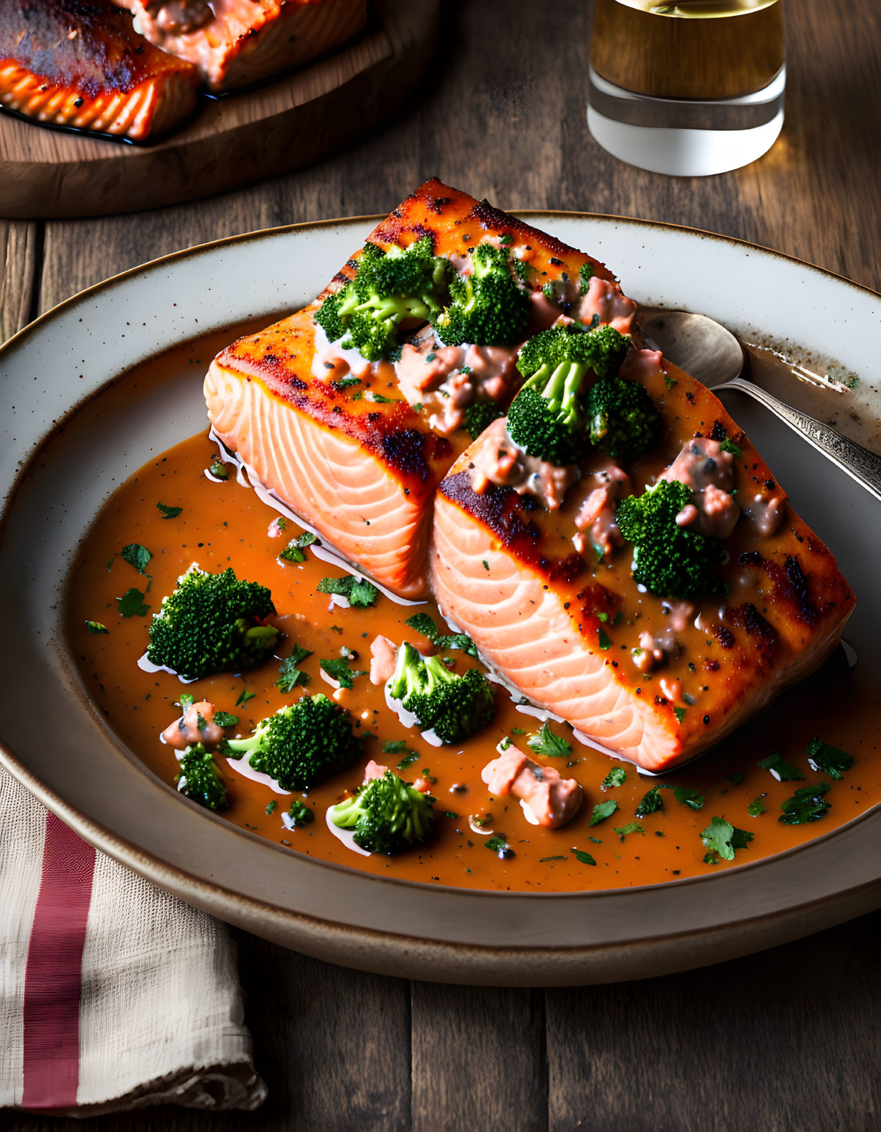 Grilled salmon fillets with creamy sauce and broccoli on white plate, white wine in background