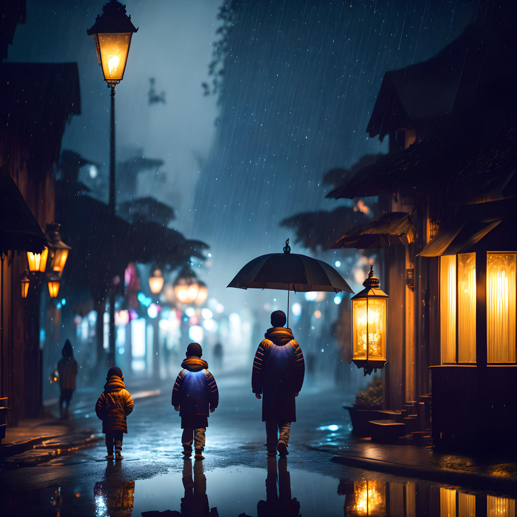 Three individuals with umbrella walking on rainy street with glowing lanterns