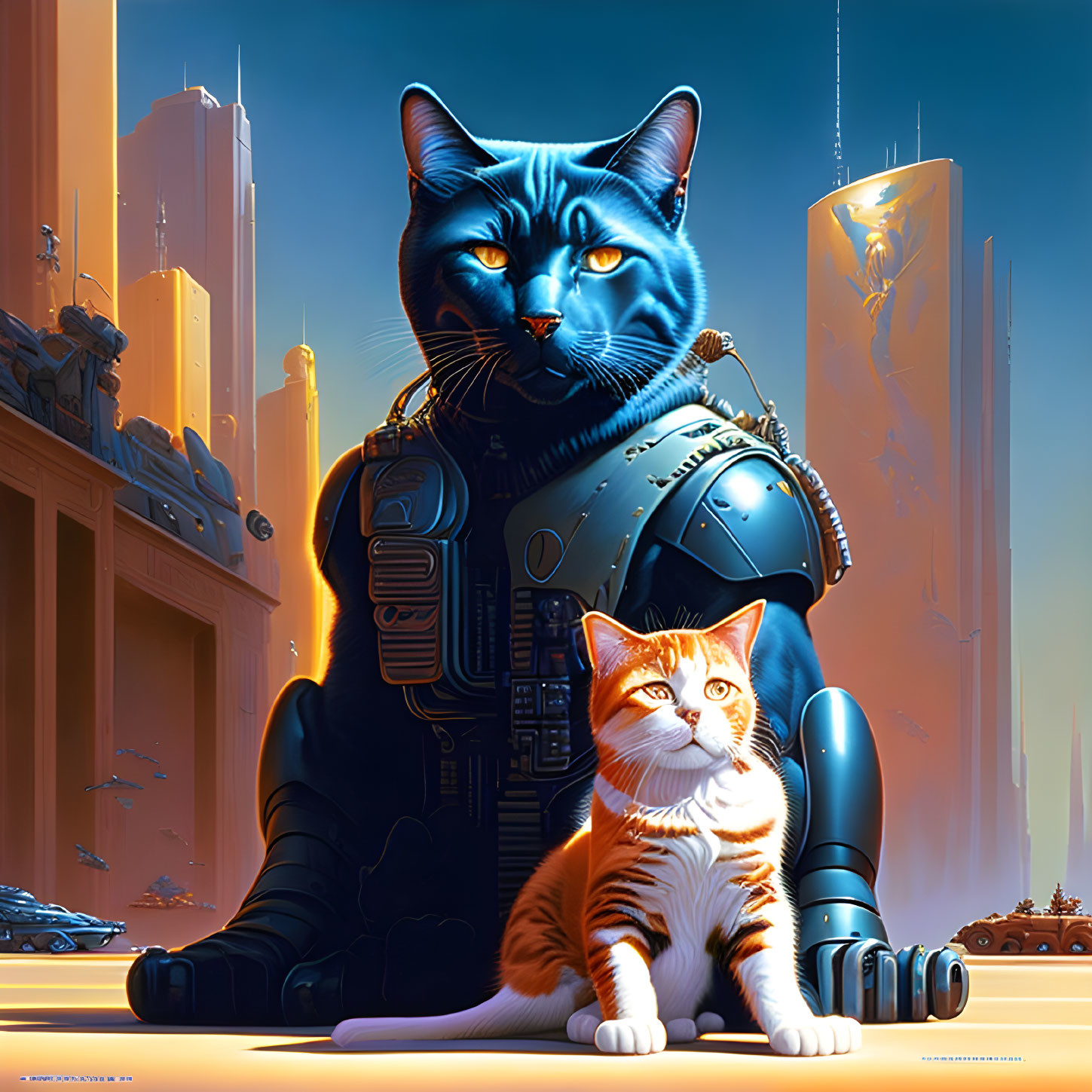 Blue cybernetic cat and smaller orange cat in futuristic cityscape at sunset