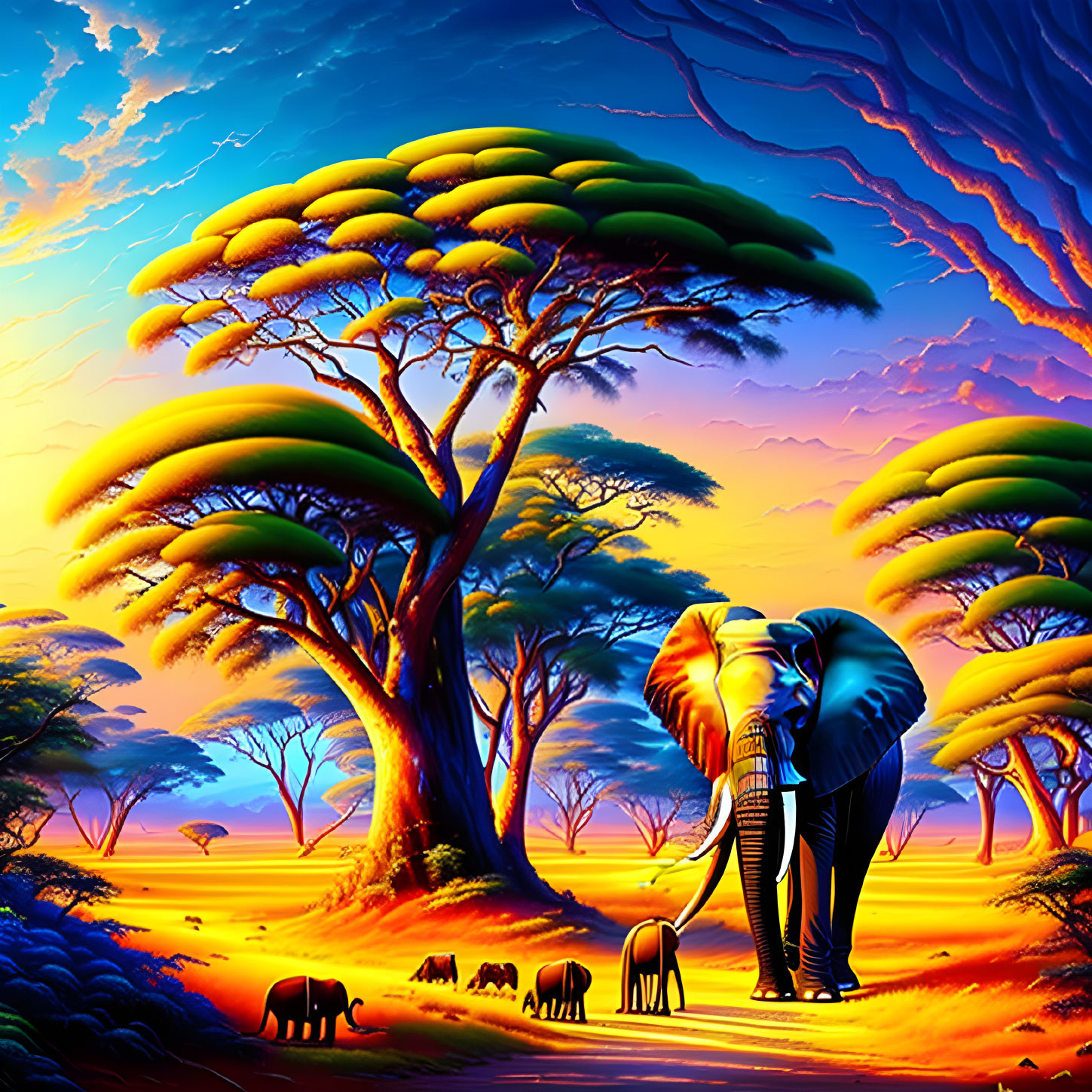 Colorful digital artwork: Elephants in vivid African savannah scene