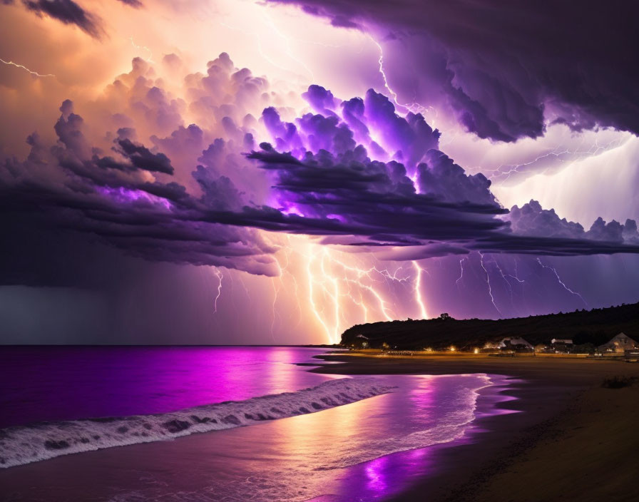 Intense Purple Clouds and Lightning Strikes in Coastal Night Scene
