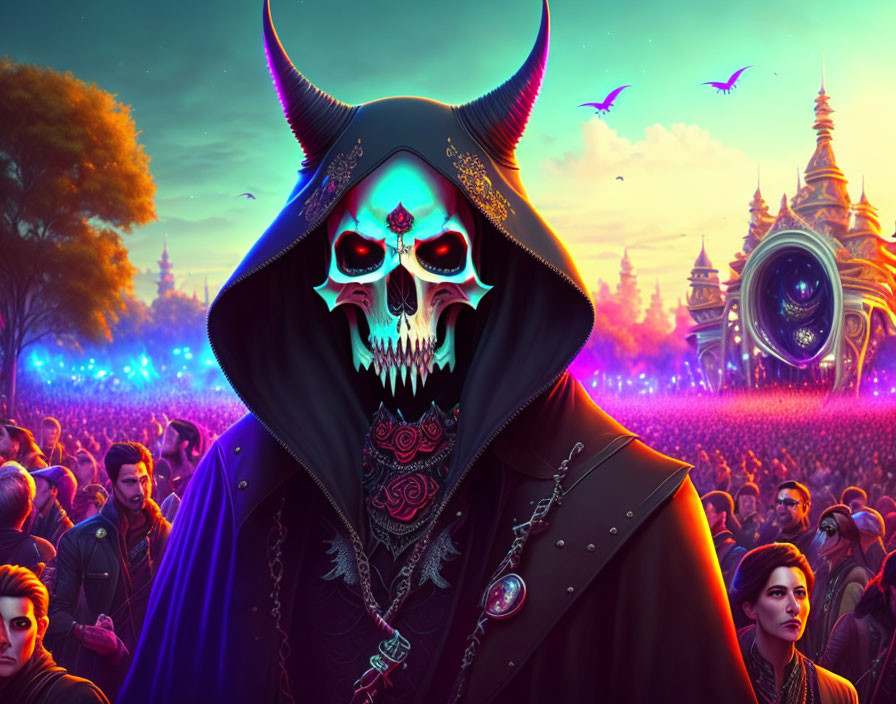 Skull-faced figure with horns in hood gazes over colorful crowd.