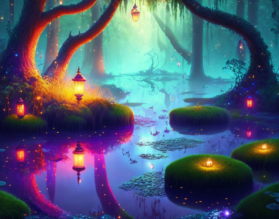 Vibrant Blue and Purple Forest with Hanging Lanterns and Serene Water Reflections