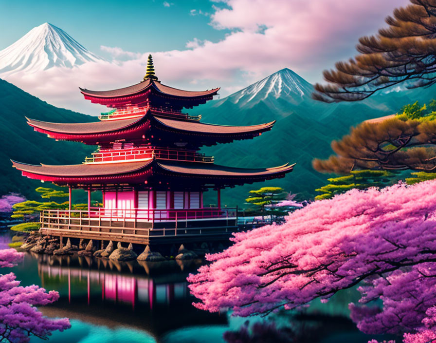 Traditional Japanese pagoda by lake with cherry blossoms and Mount Fuji in backdrop