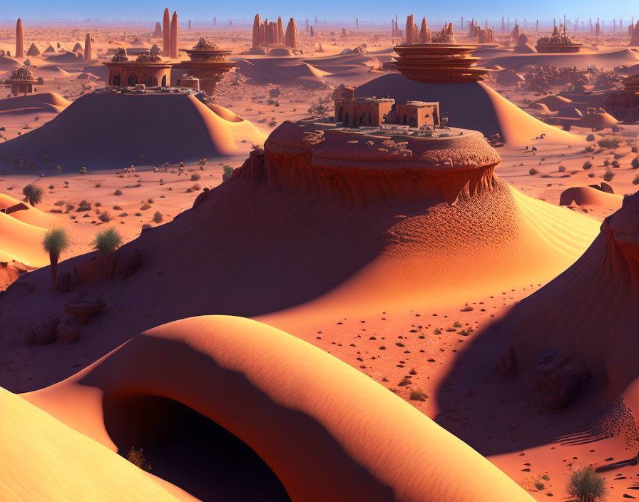 Desert landscape with sand dunes, vegetation, and ancient ruins