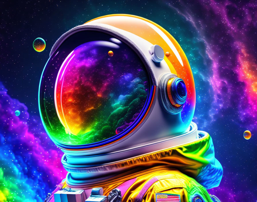 Colorful Astronaut in Vibrant Cosmic Scene with Floating Bubbles