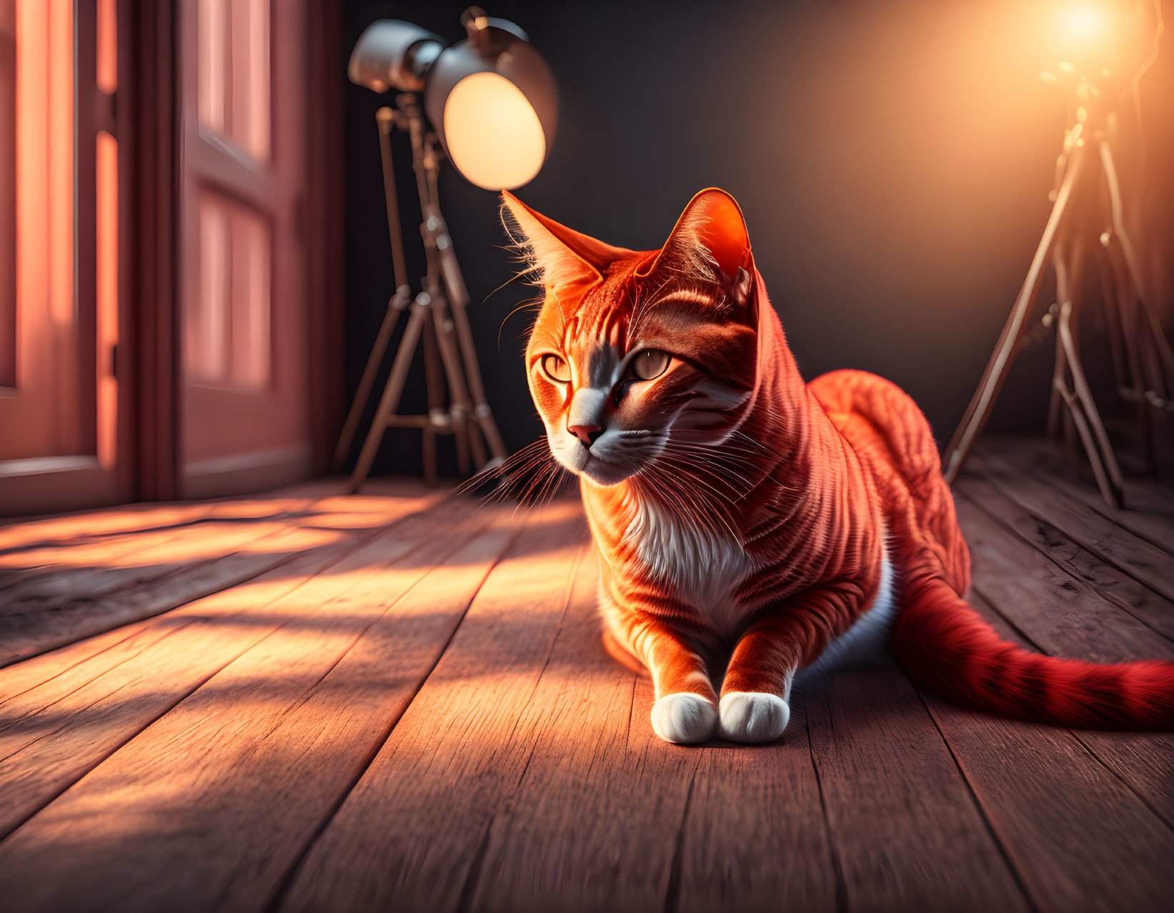 Orange Tabby Cat on Wooden Floor with Studio Lights and Open Door